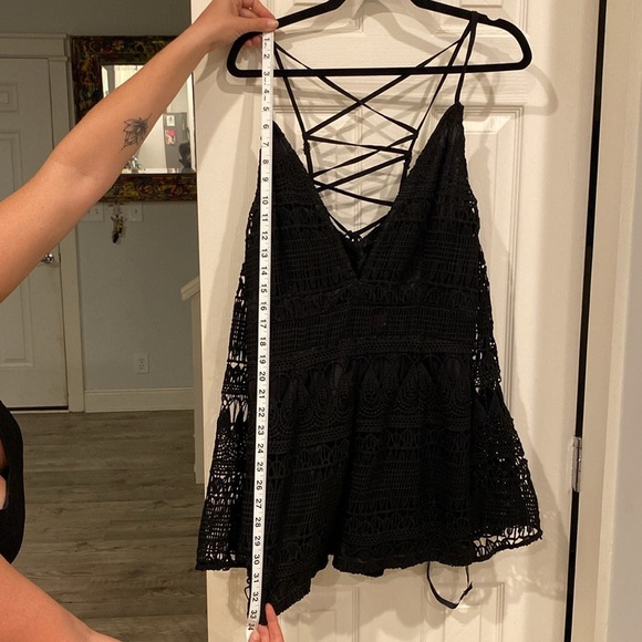 Long-sleeve off shoulder, Black Crochet Romper with tie straps down the back - Picture 9 of 11
